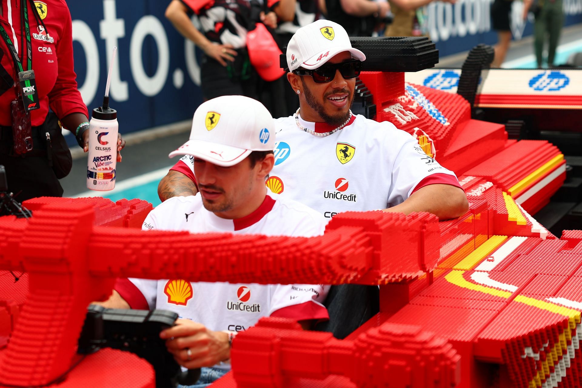 Scuderia Ferrari's Charles Leclerc and Lewis Hamilton during the Miami drivers parade. Source: Getty
